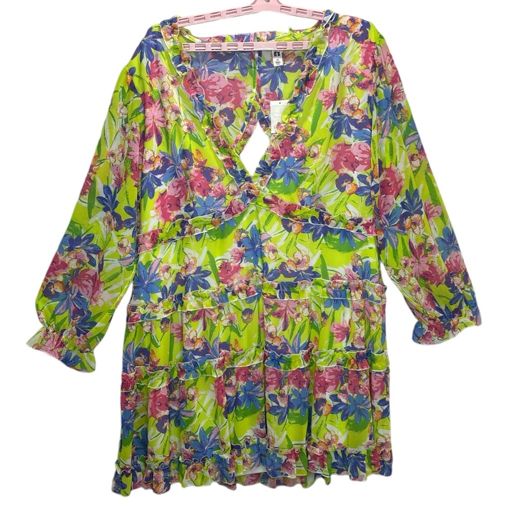 It's Fashion Women's V-Neck Floral Ruffle Cutout Backless Mini Dress Size 2X